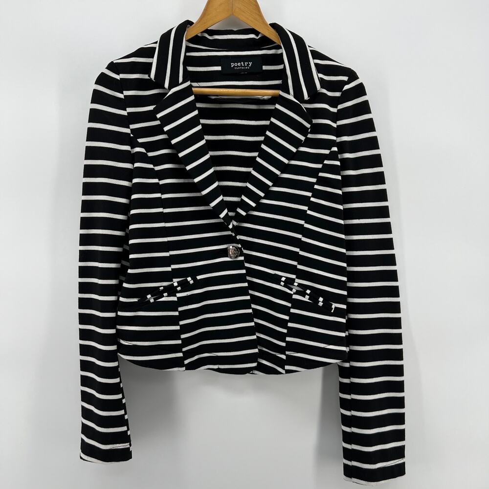 Vintage Y2K Poetry Blazer Women's M Black White Striped Babydoll Cropped Preppy